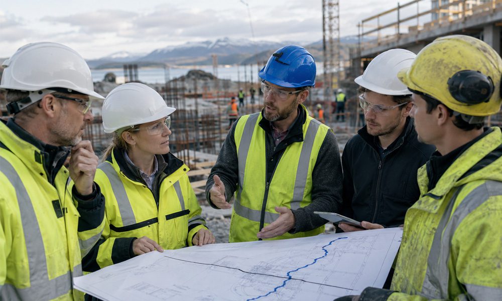 Group of construction workers in safety gear reviewing blueprints at an active job site.