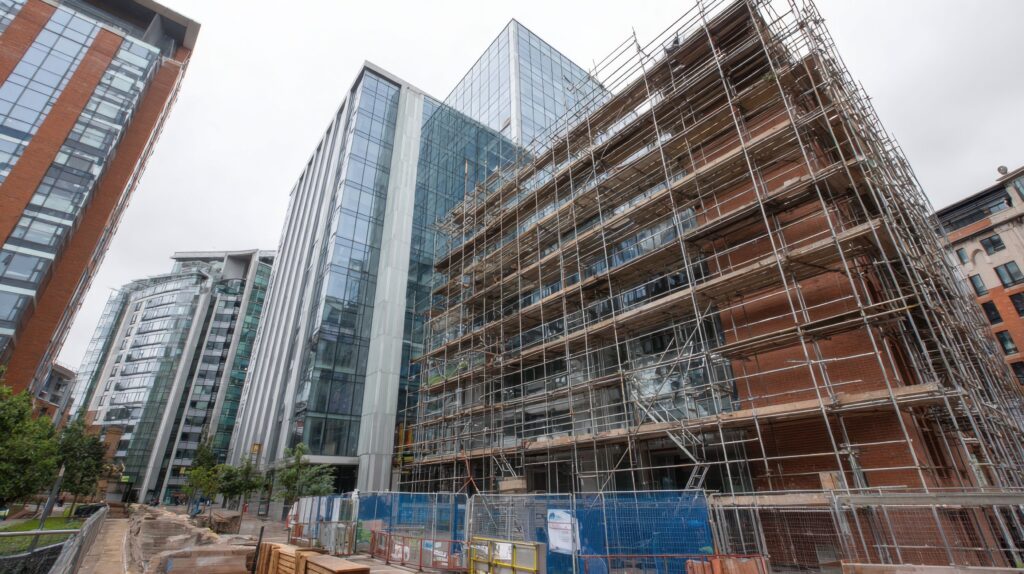 Construction site with extensive scaffolding around a brick and glass building in an urban area, with modern glass towers nearby.