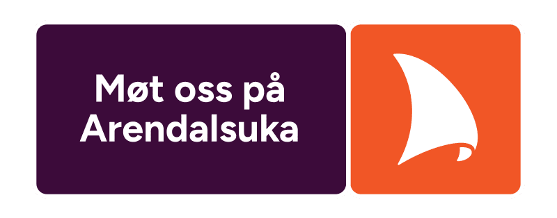 Banner inviting audiences to 'Møt oss på Arendalsuka' on a purple panel next to a orange panel with a white sail logo.
