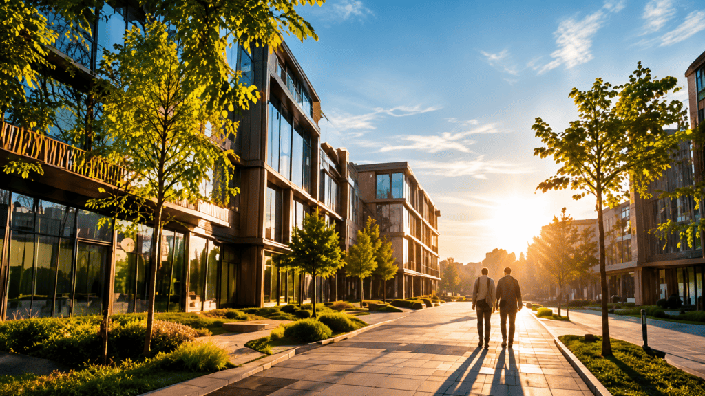 Two people in business attire walk down a sunlit modern office campus path with glass-front buildings and trees.",